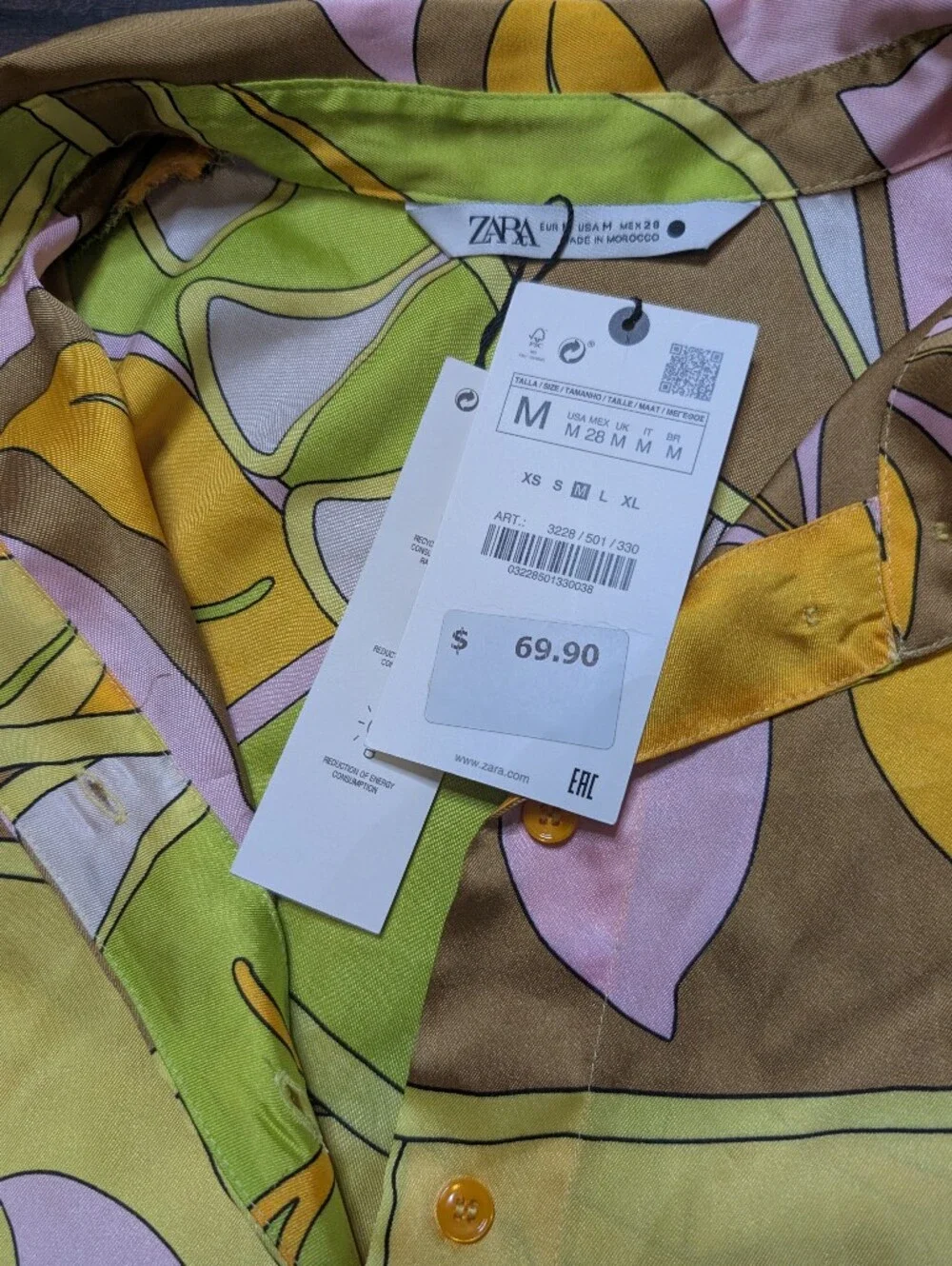 Zara Tie-Front Button Down Shirt in Yellow, Green, Pink Brown Size Medium New